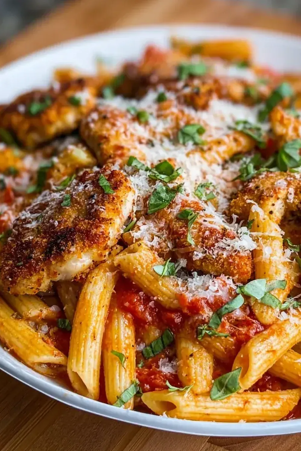 Crispy Chicken Parmesan over Pasta