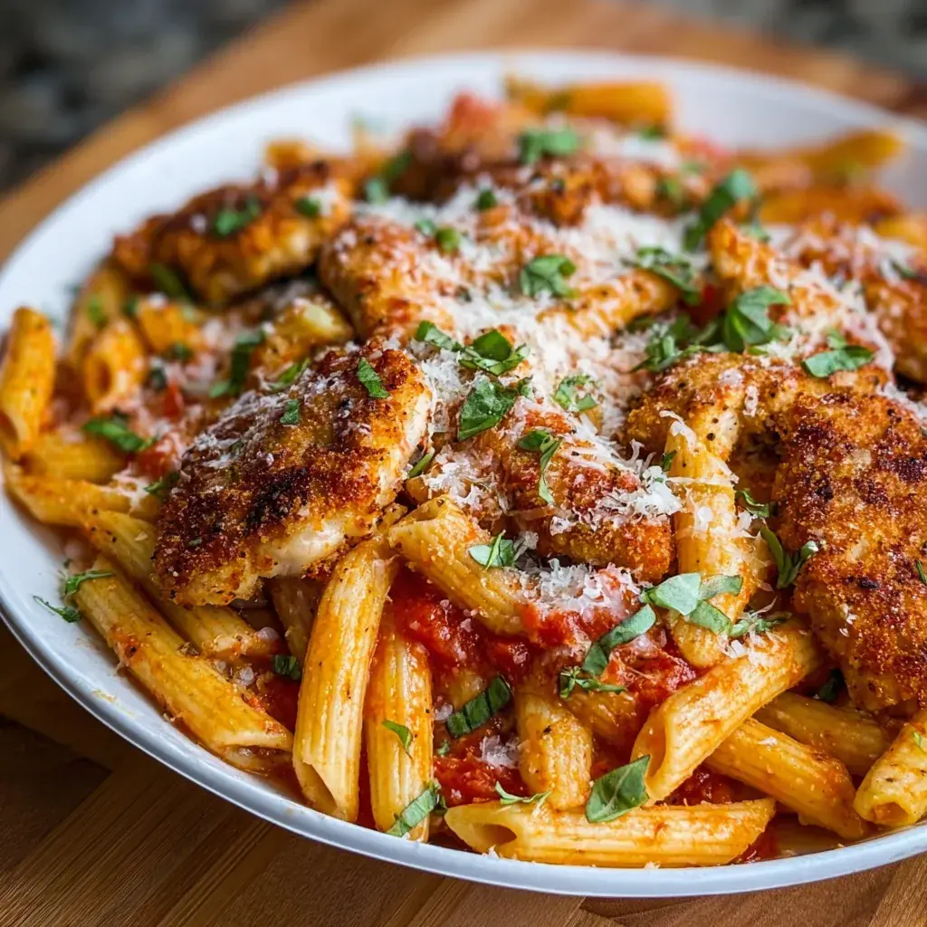 Crispy Chicken Parmesan Over Pasta