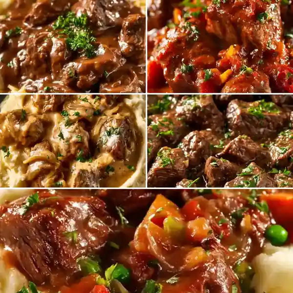 Crockpot Beef Tips & Gravy Over Mashed Potatoes
