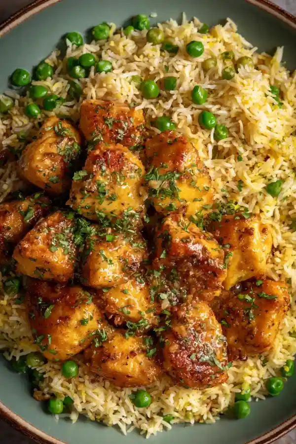 Garlic Butter Chicken Bites with Peas & Lemon Rice