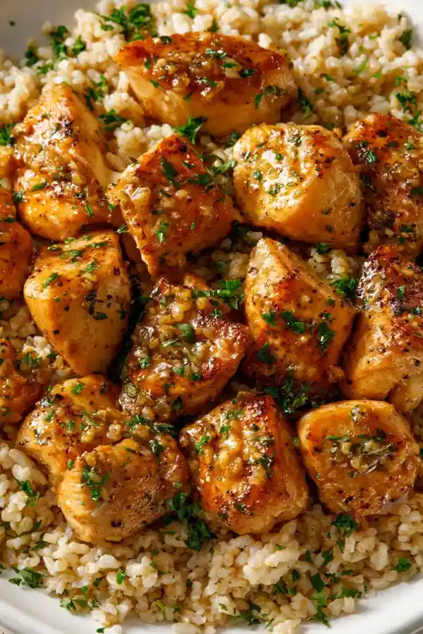 One-Pan Garlic Butter Chicken Bites & Brown Rice