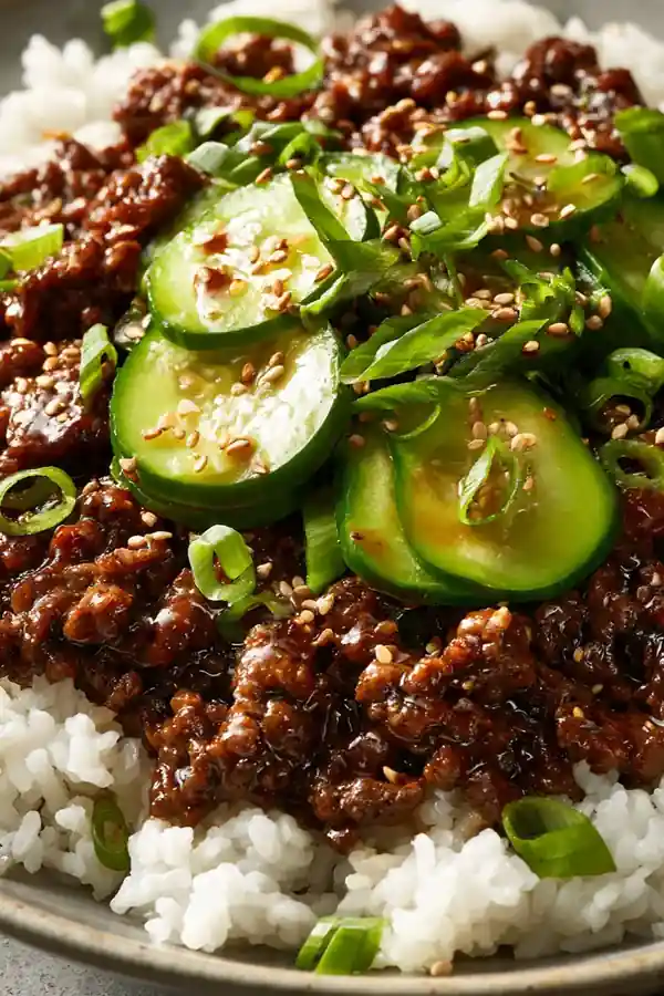 Quick Pickled Cucumber Ground Beef Bowl
