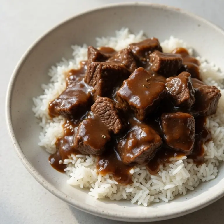 Slow Cooker Beef Tips And Gravy Over Rice