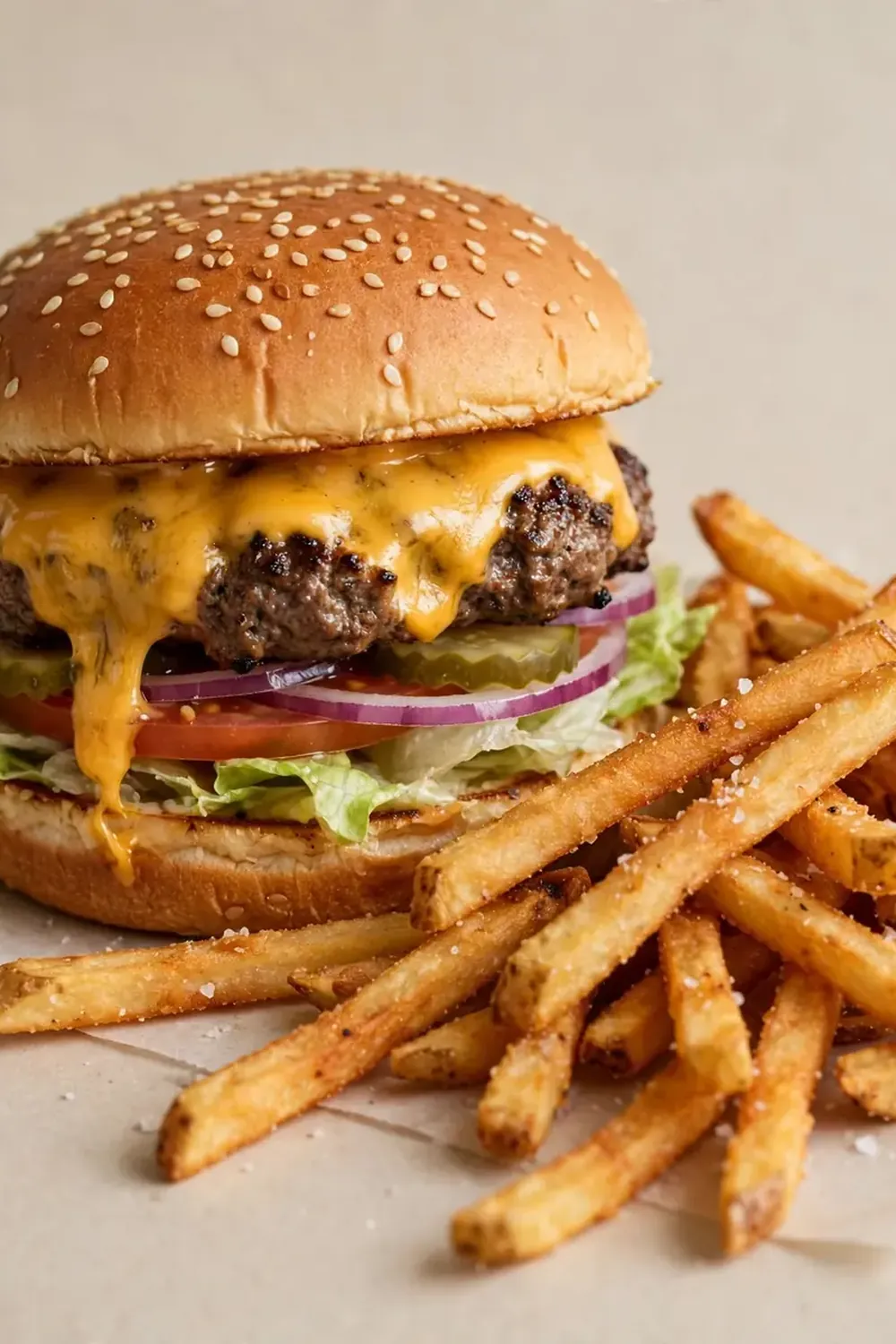 Classic American Cheeseburger with Crispy Fries