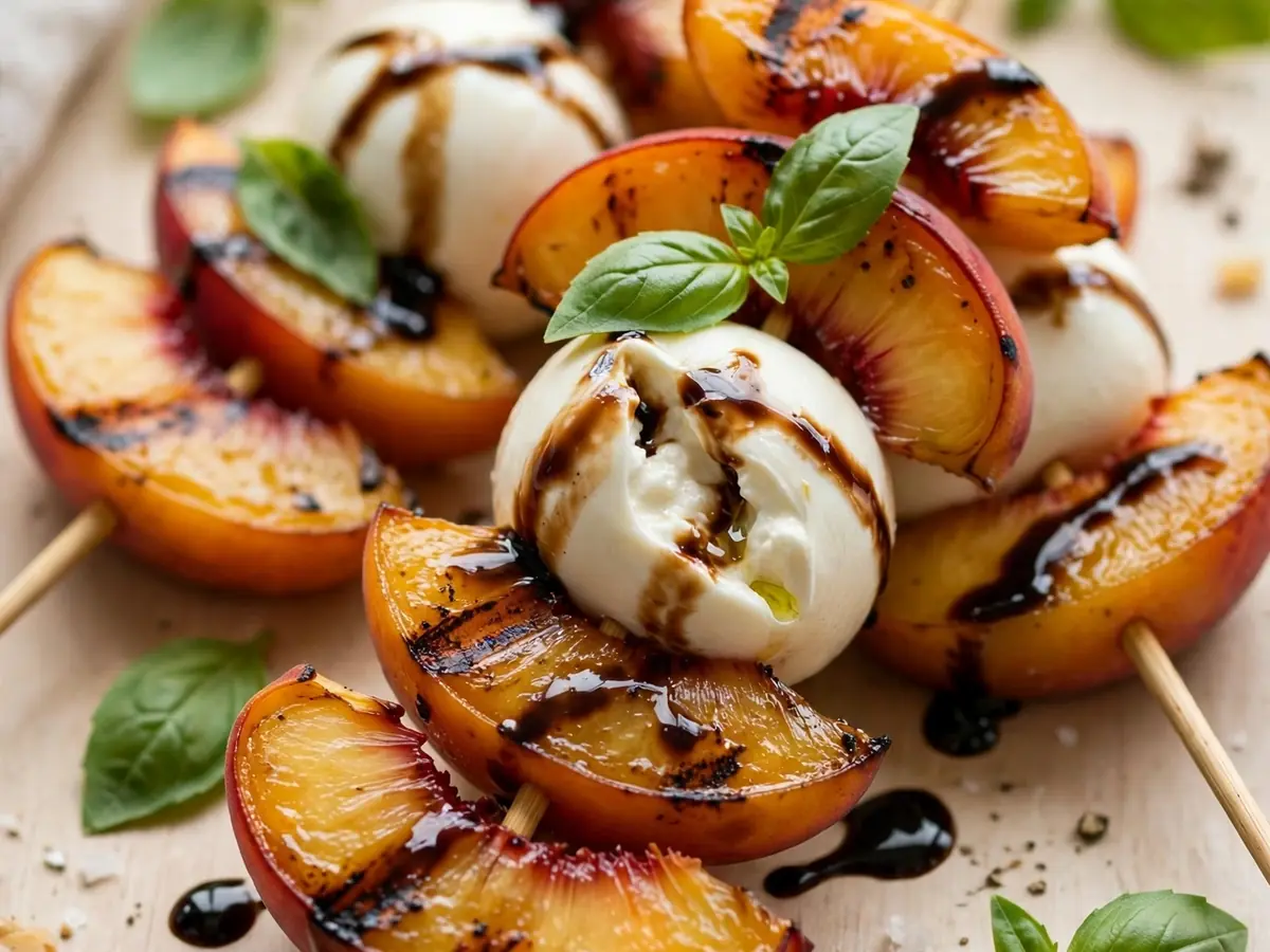 Grilled Peach and Burrata Appetizer Skewers